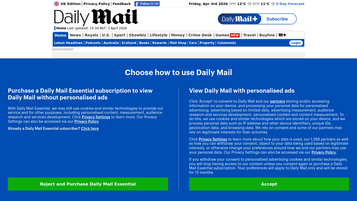 screenshot of dailymail.co.uk's web site